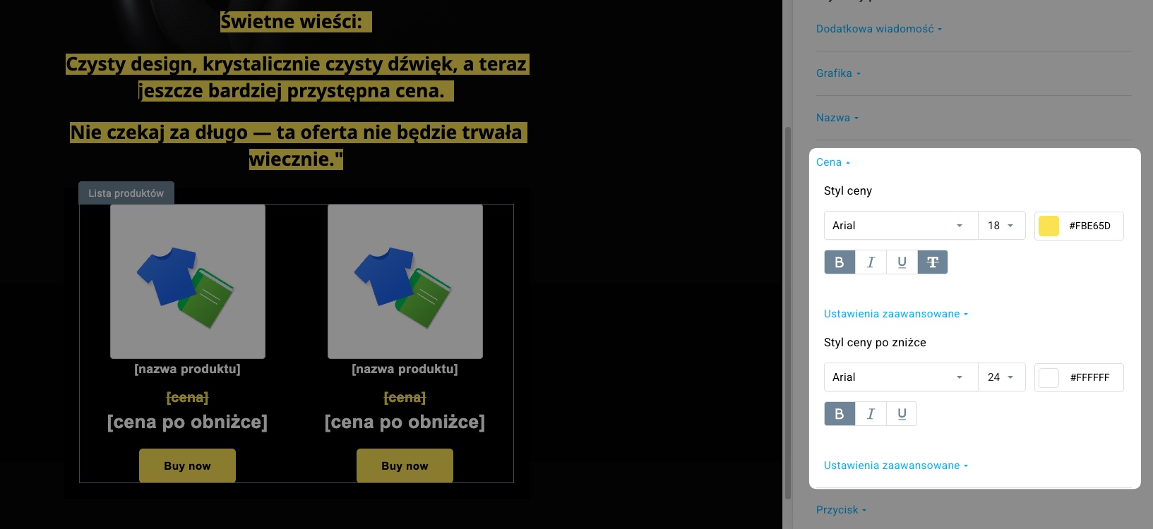 Opcje Styl ceny i Styl ceny po zniżce w edytorze kampanii Price Drop w GetResponse.