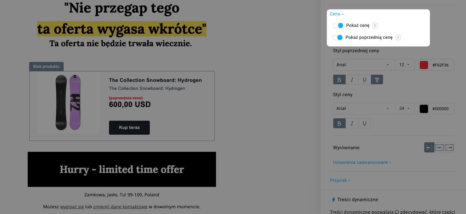 Ustawianie cen promocyjnych w blokach produktów w GetResponse.