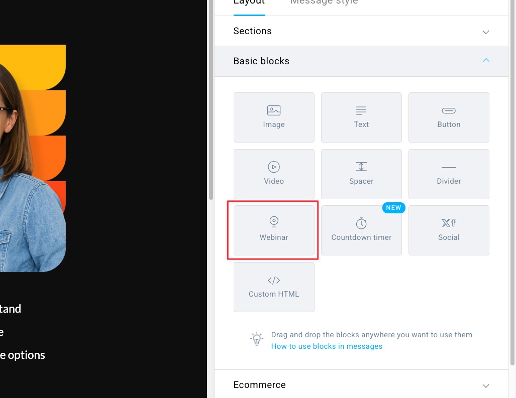 Webinar block in the editor menu