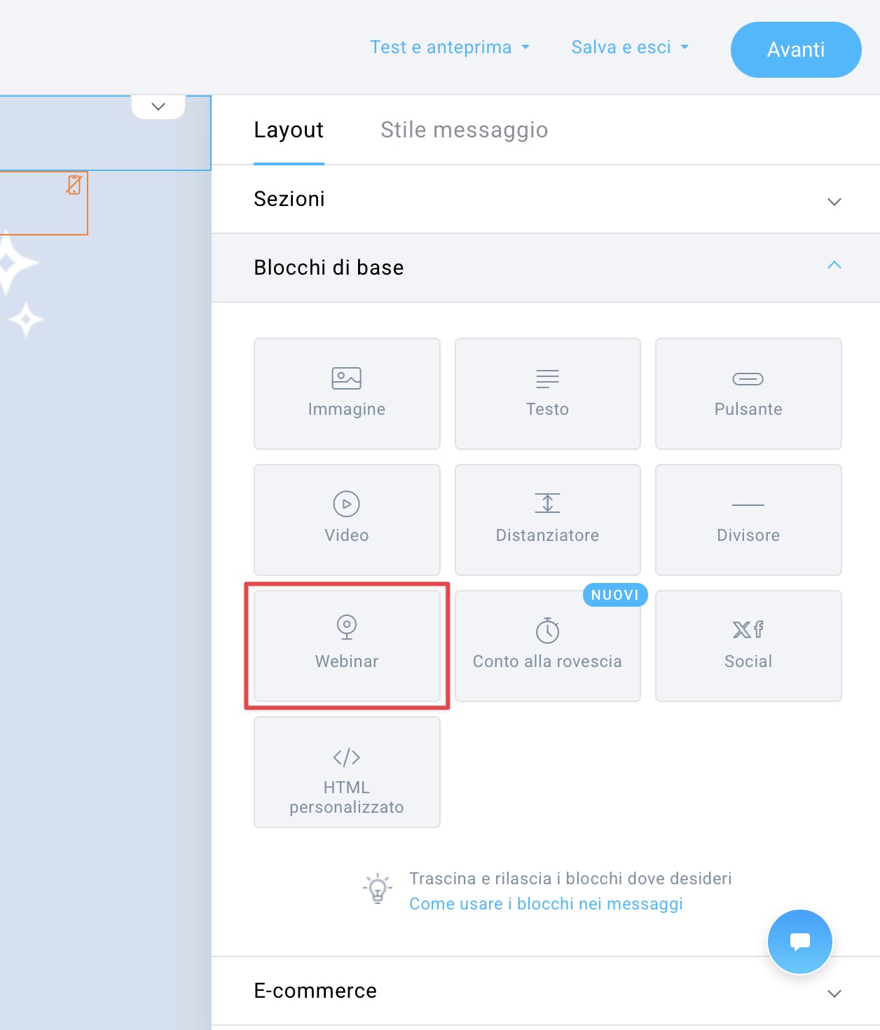 Blocco webinar nel menu dell'editor.