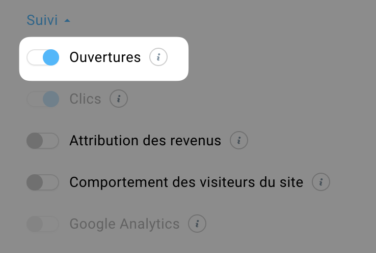 Interrupteur des ouvertures permettant de désactiver le suivi du taux d’ouverture d’un message.