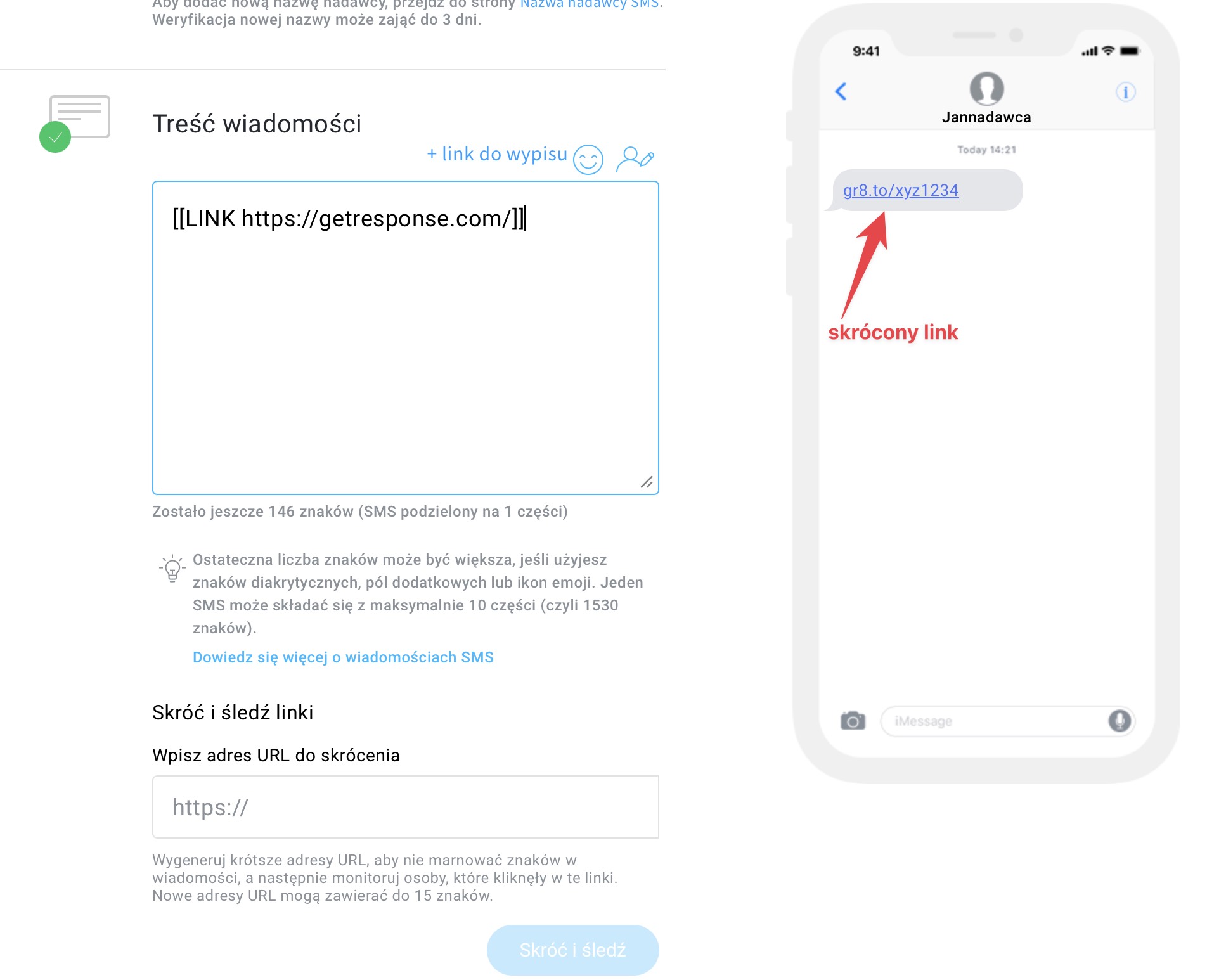 Dodawanie treści wiadomości SMS oraz linków do rezygnacji z subskrypcji i skróconych linków.