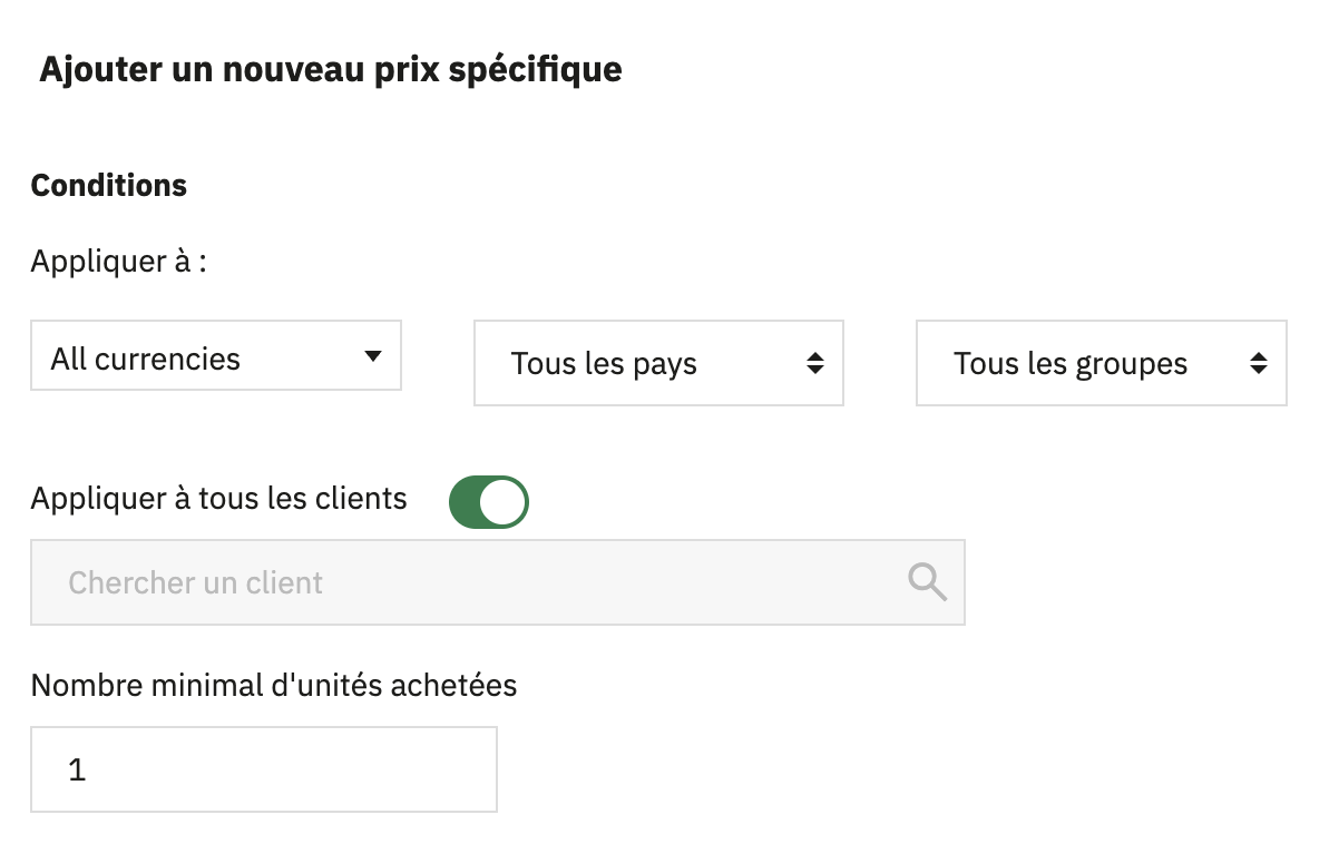 Ajouter les paramètres pour le nouveau prix spécial