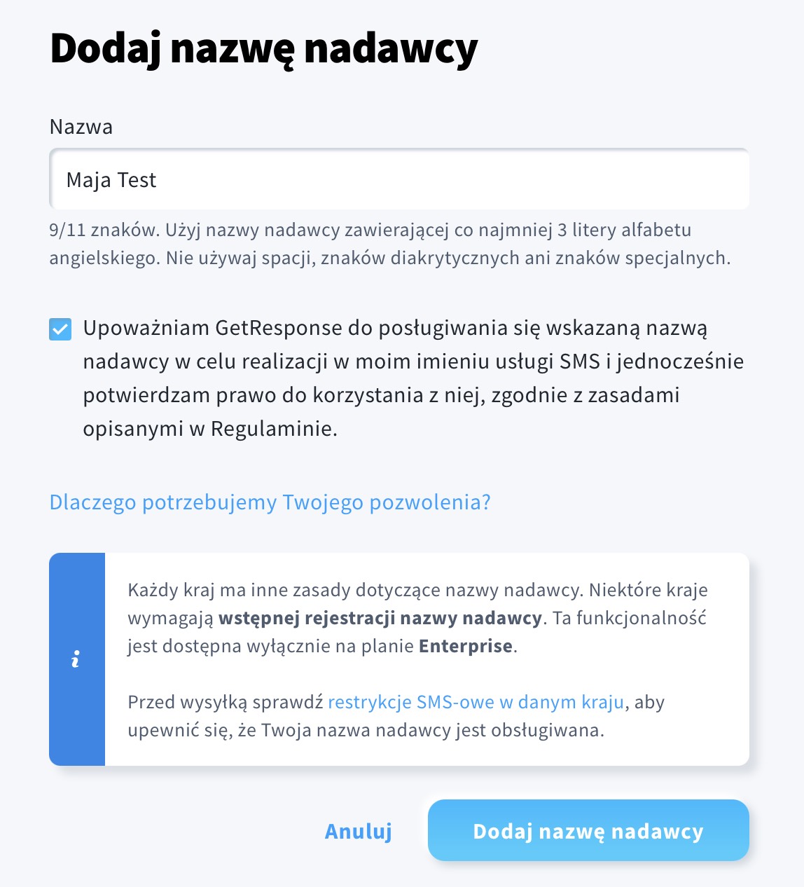 Dodaj widok nowej nazwy nadawcy.