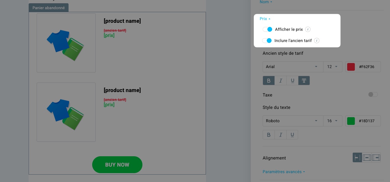 Les options Afficher le prix et Inclure le prix précédent sont disponibles dans l’éditeur des campagnes e-commerce de GetResponse.