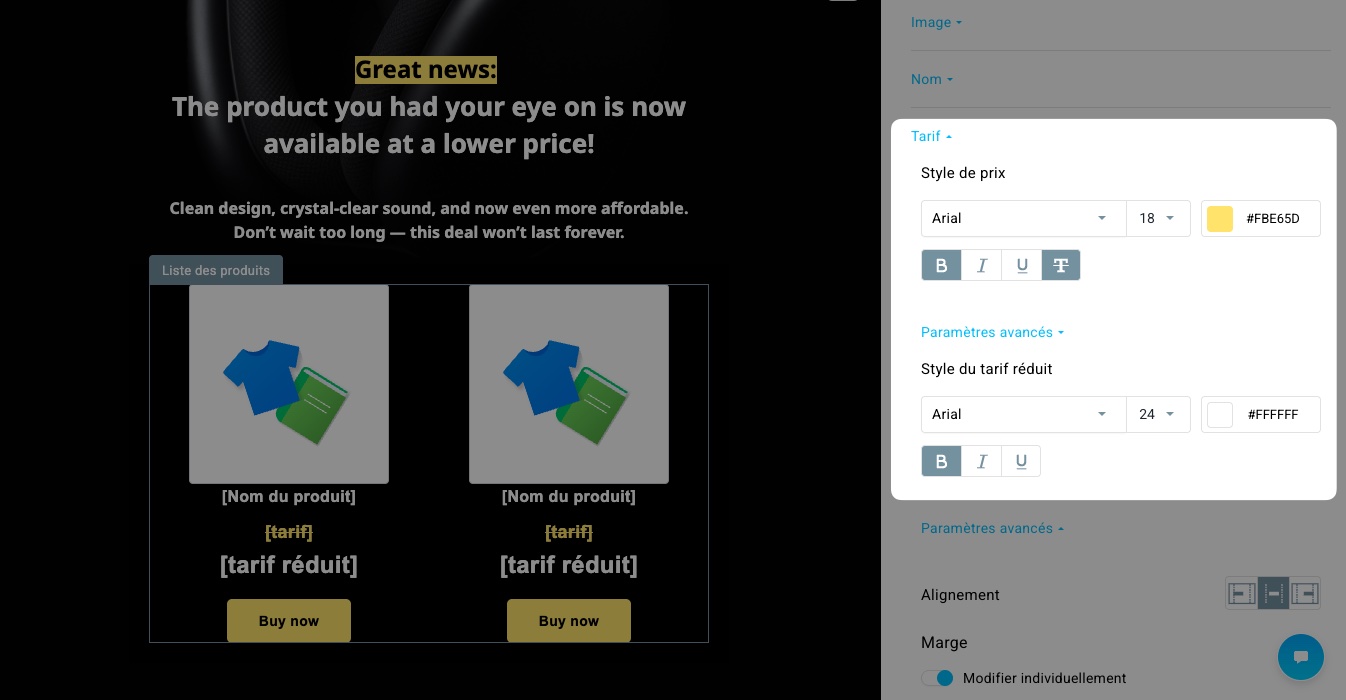Les options Afficher le prix et Inclure le prix précédent sont disponibles dans l’éditeur des campagnes e-commerce de GetResponse.