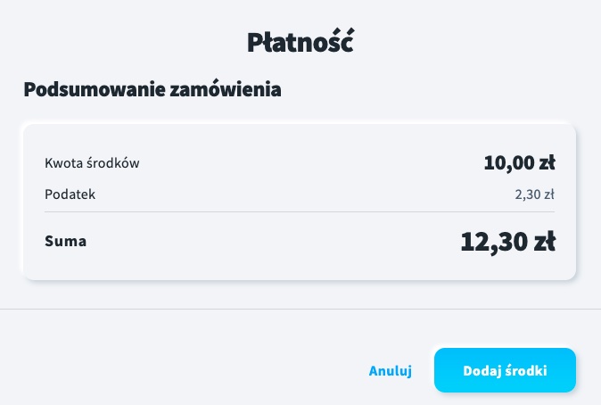 Podsumowanie zamówienia w wiadomości SMS, zawierające kwotę do dopłaty, podatek VAT oraz całkowitą kwotę do zapłaty.