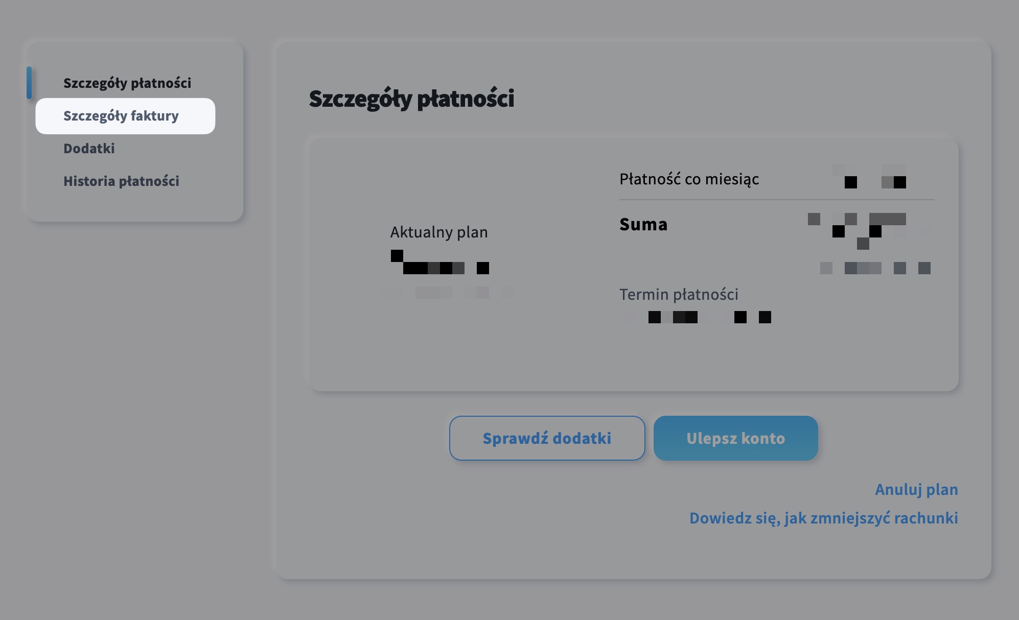 Lokalizacja przycisku Szczegóły faktury w zakładce Moje płatności.