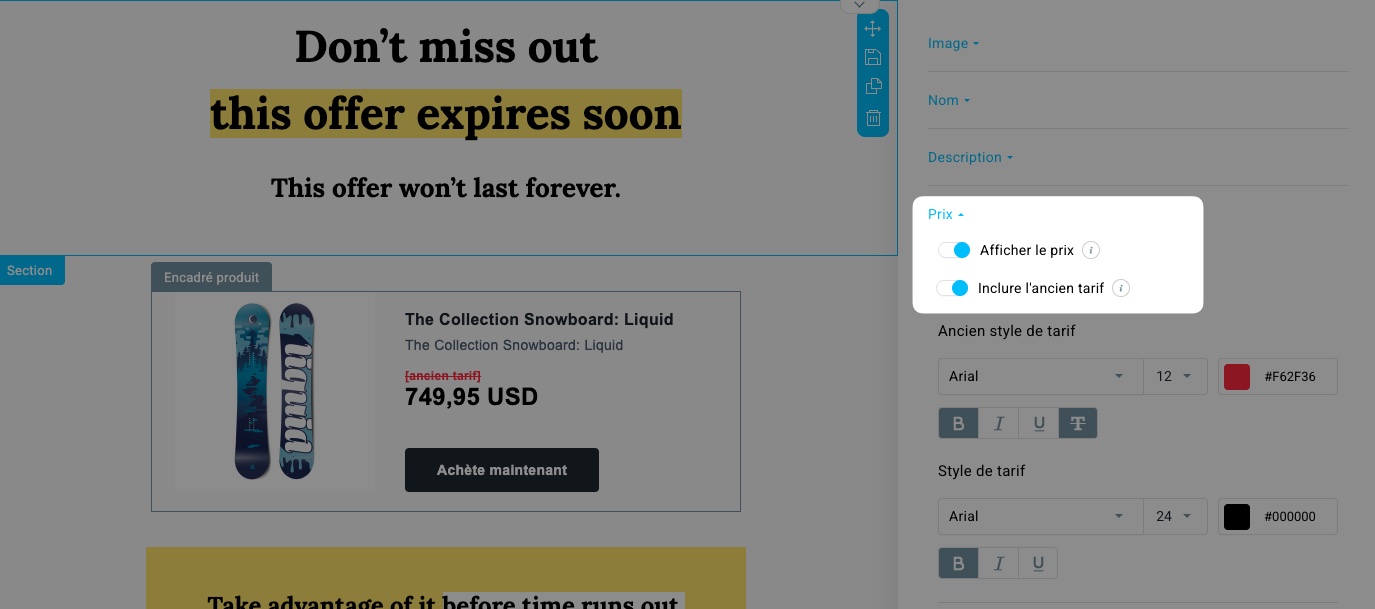 Dans GetResponse, activez les options Afficher le prix et Inclure le prix précédent dans l’encadré produit.
