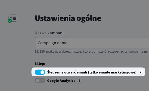 Wyłącz śledzenie otwartych kampanii e-commerce poprzez wyłączenie tej opcji.