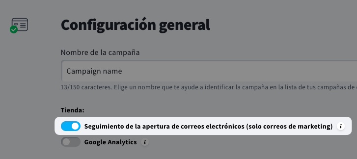 Activar/desactivar el seguimiento de aperturas en las campañas de comercio electrónico.