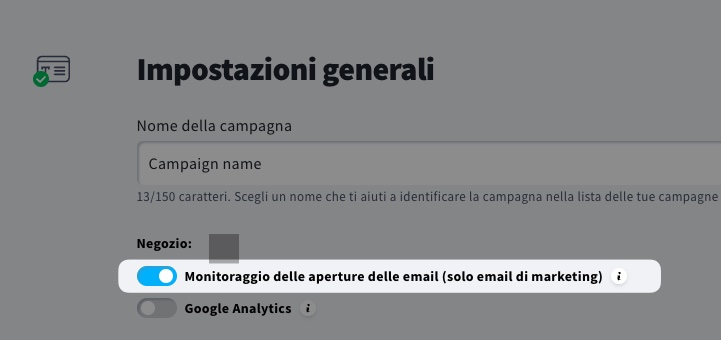 Attiva/disattiva il tracciamento delle aperture nelle campagne di e-commerce.