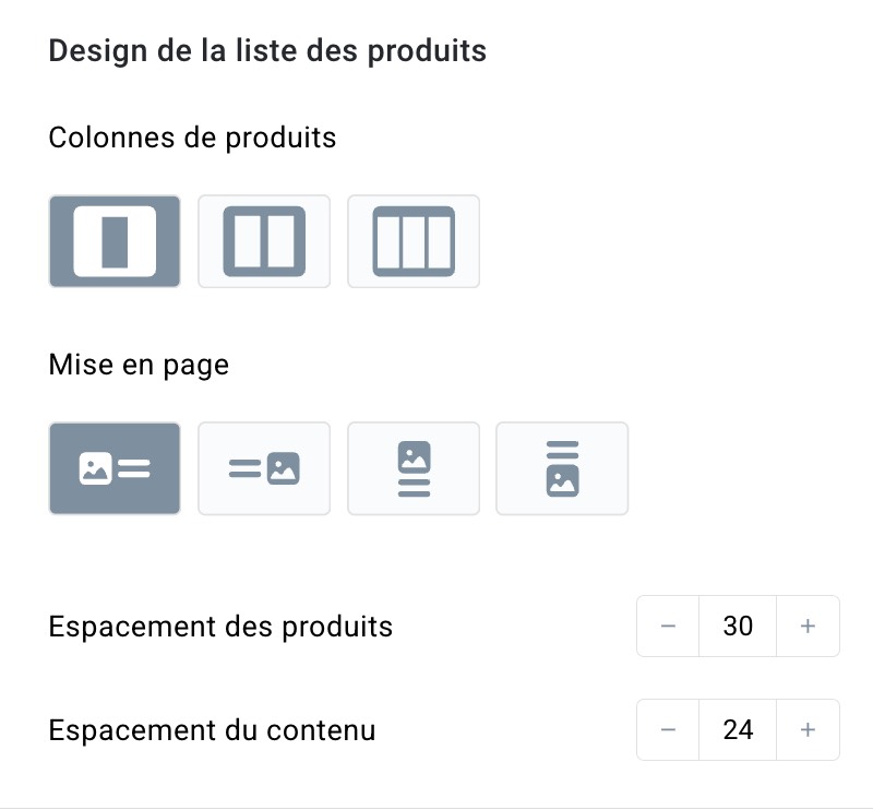 Rubrique Design de la liste des produits.