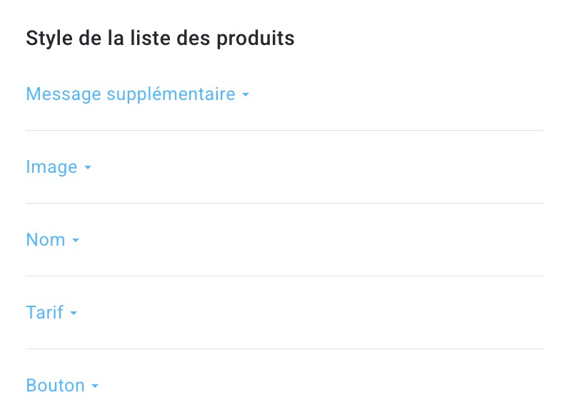 Rubrique Style de la liste des produits.