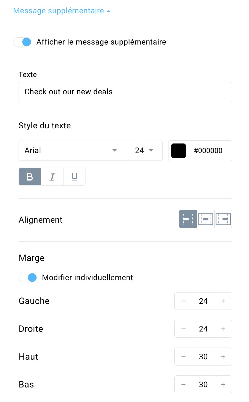 Paramètres de la section Messages supplémentaires.