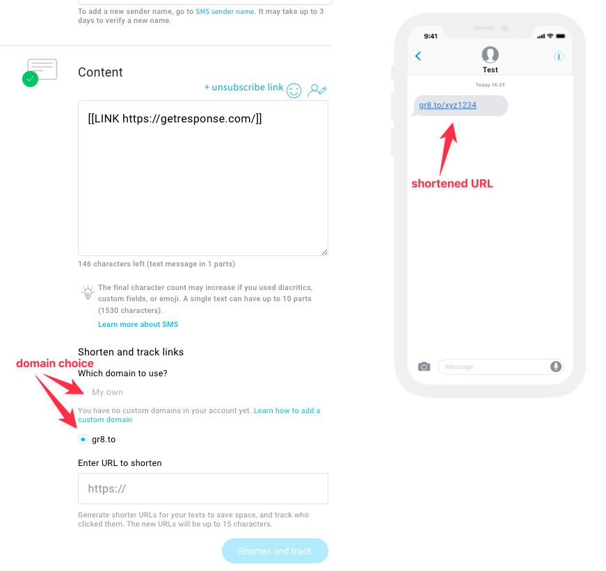 Adding SMS content, as well as unsubscribe and shortened links.