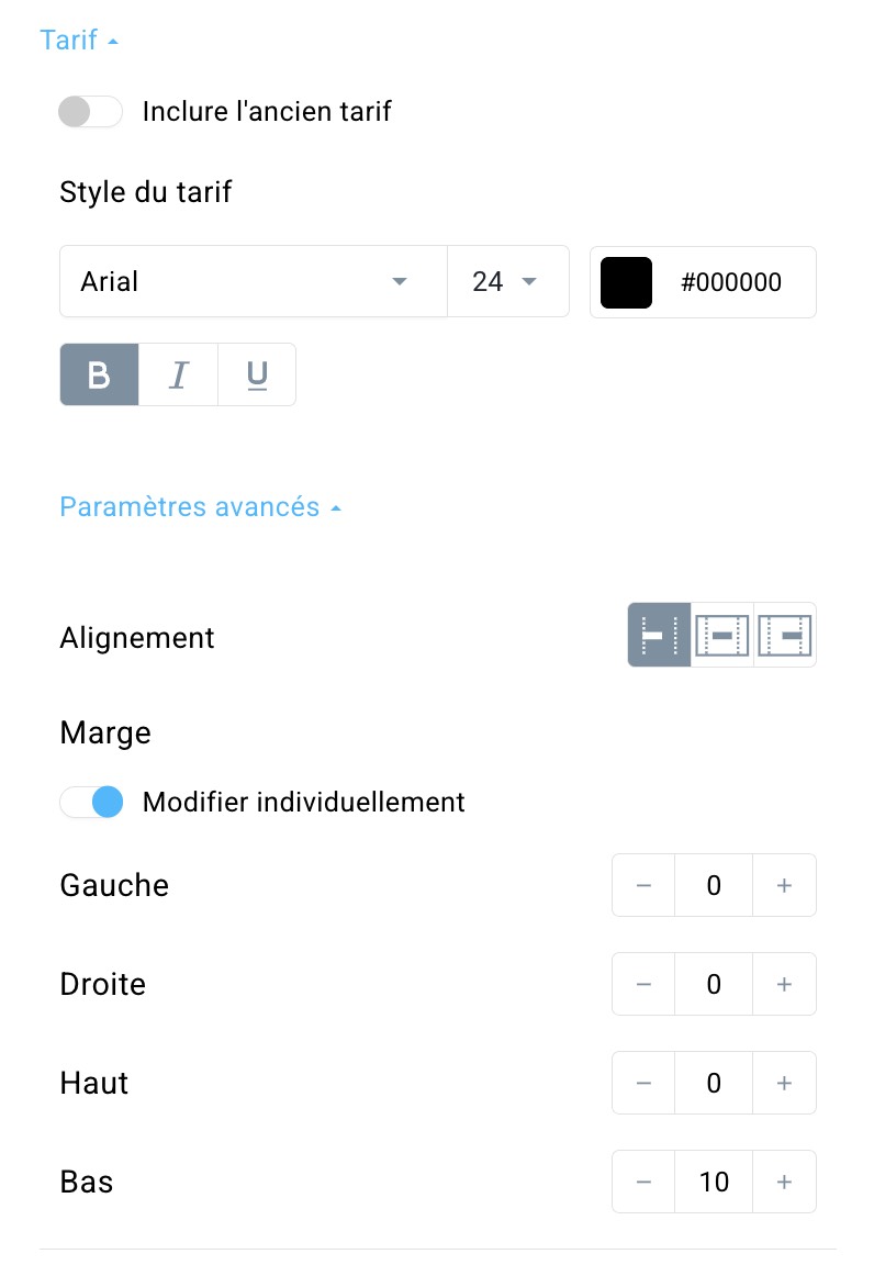 paramètres du tarif.