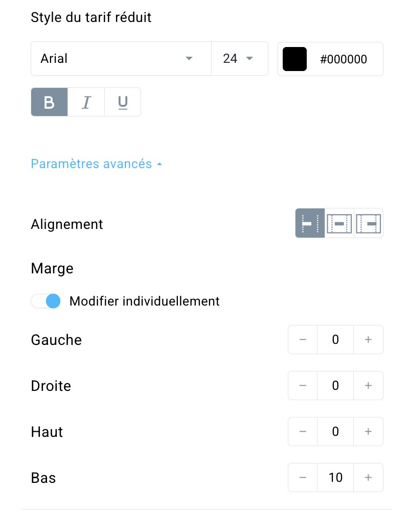 paramètres du tarif réduit.