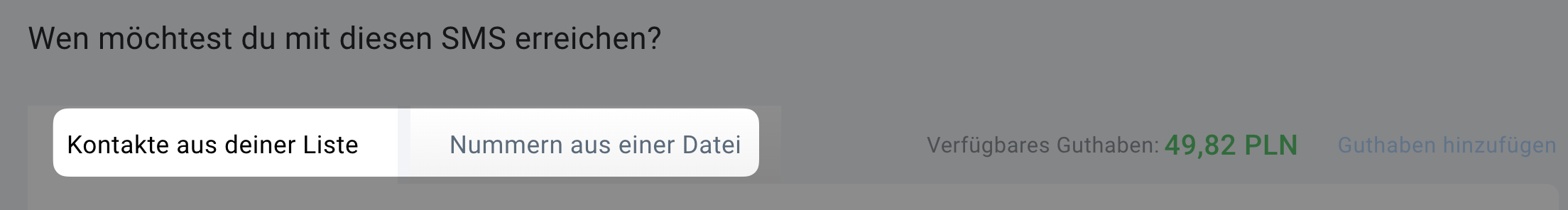 Auswahl, ob die Nachricht an Kontakte aus einer ausgewählten Liste in Ihrem GetResponse-Konto oder an Kontakte gesendet werden soll, die aus einer Datei importiert wurden.