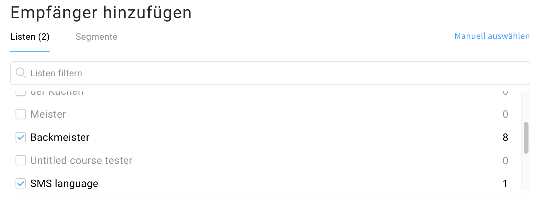 Auswählen von Listen oder Segmenten, an die die SMS gesendet werden soll.