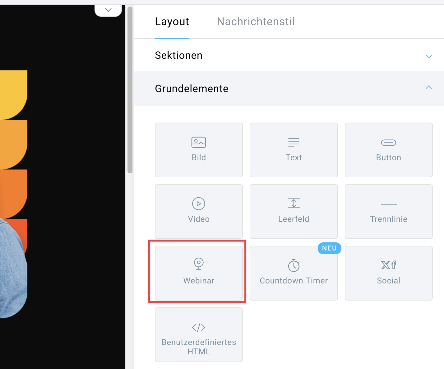 Webinar-Block im Editor-Menü