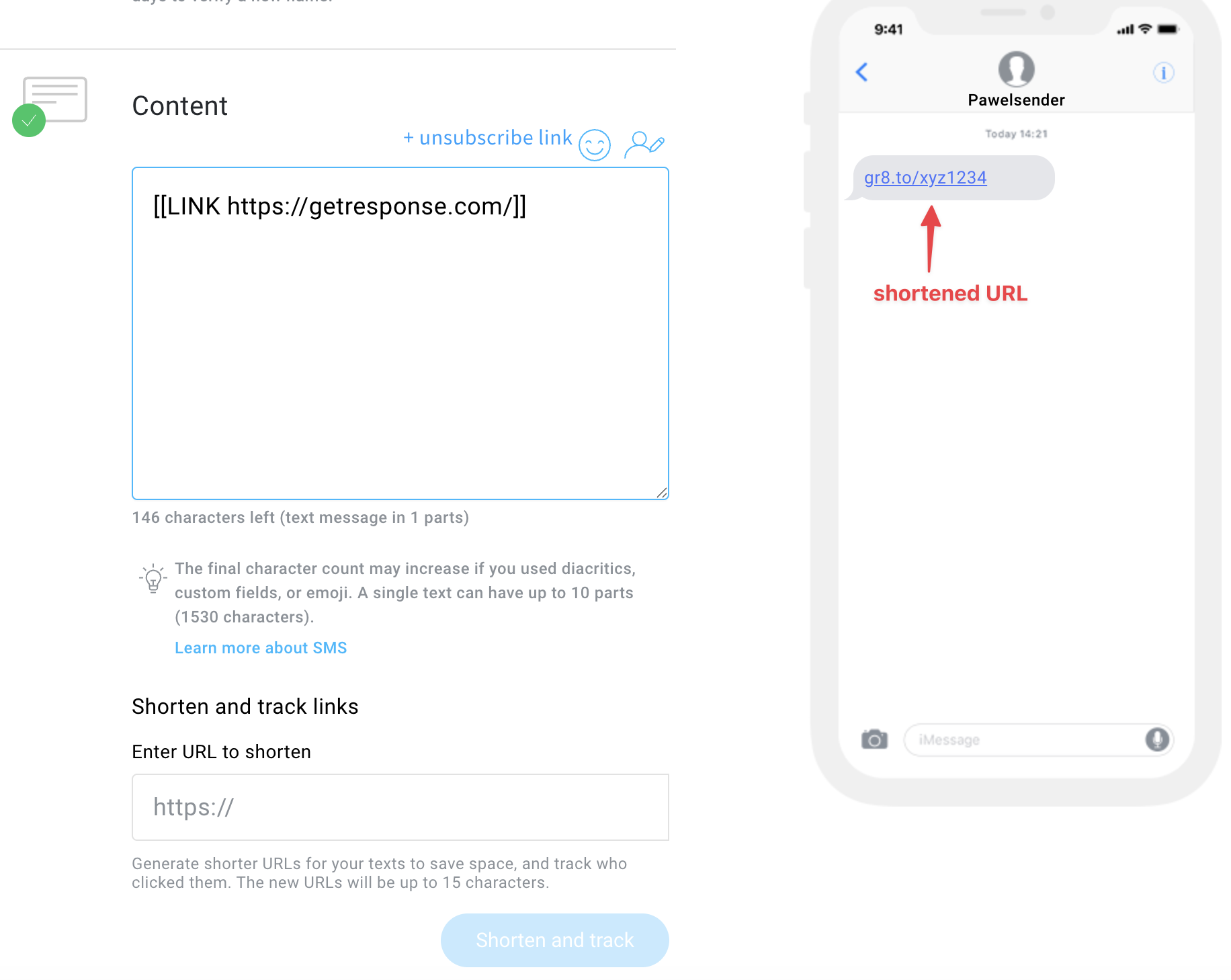 Adding SMS content, as well as unsubscribe and shortened links.