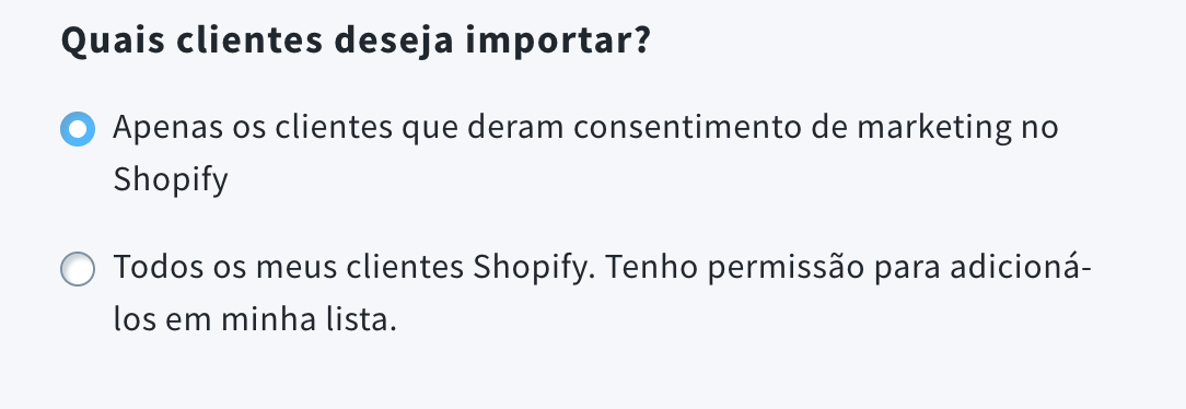 Grupo de clientes a importar: seleção na integração com o Shopify