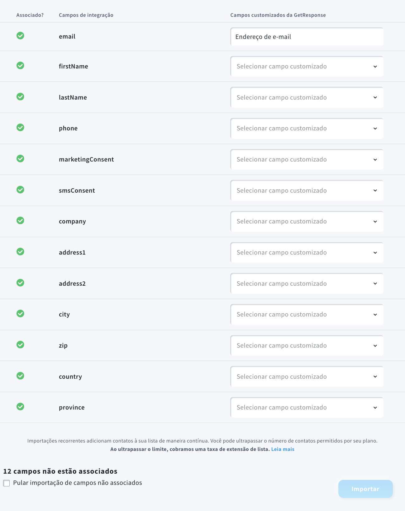 Mapeamento de campos de importação