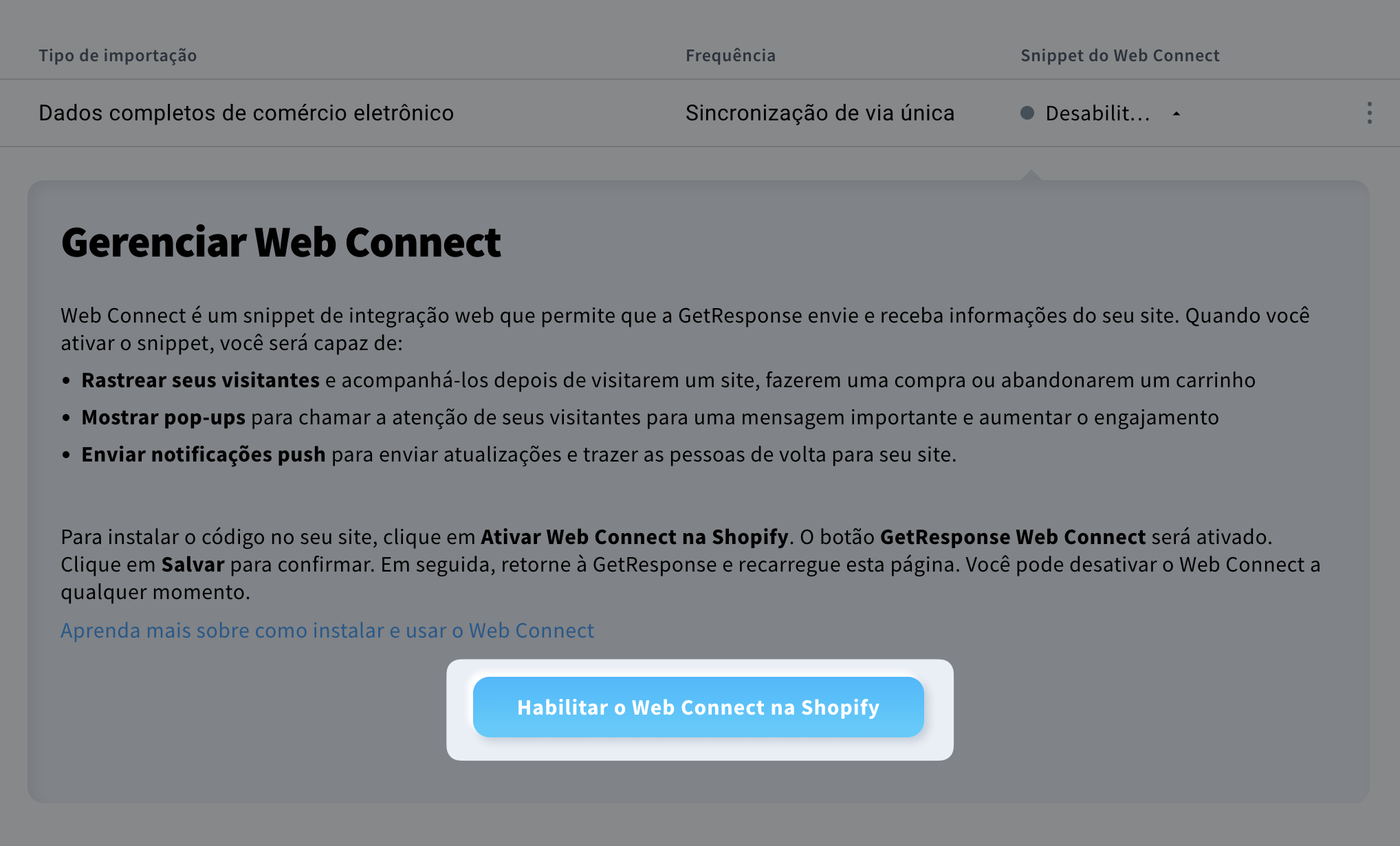 Gestão do WebConnect no Shopify