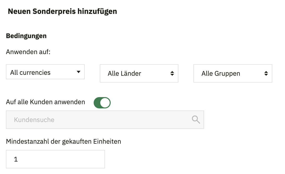 Einstellungen für Neuen Sonderpreis hinzufügen