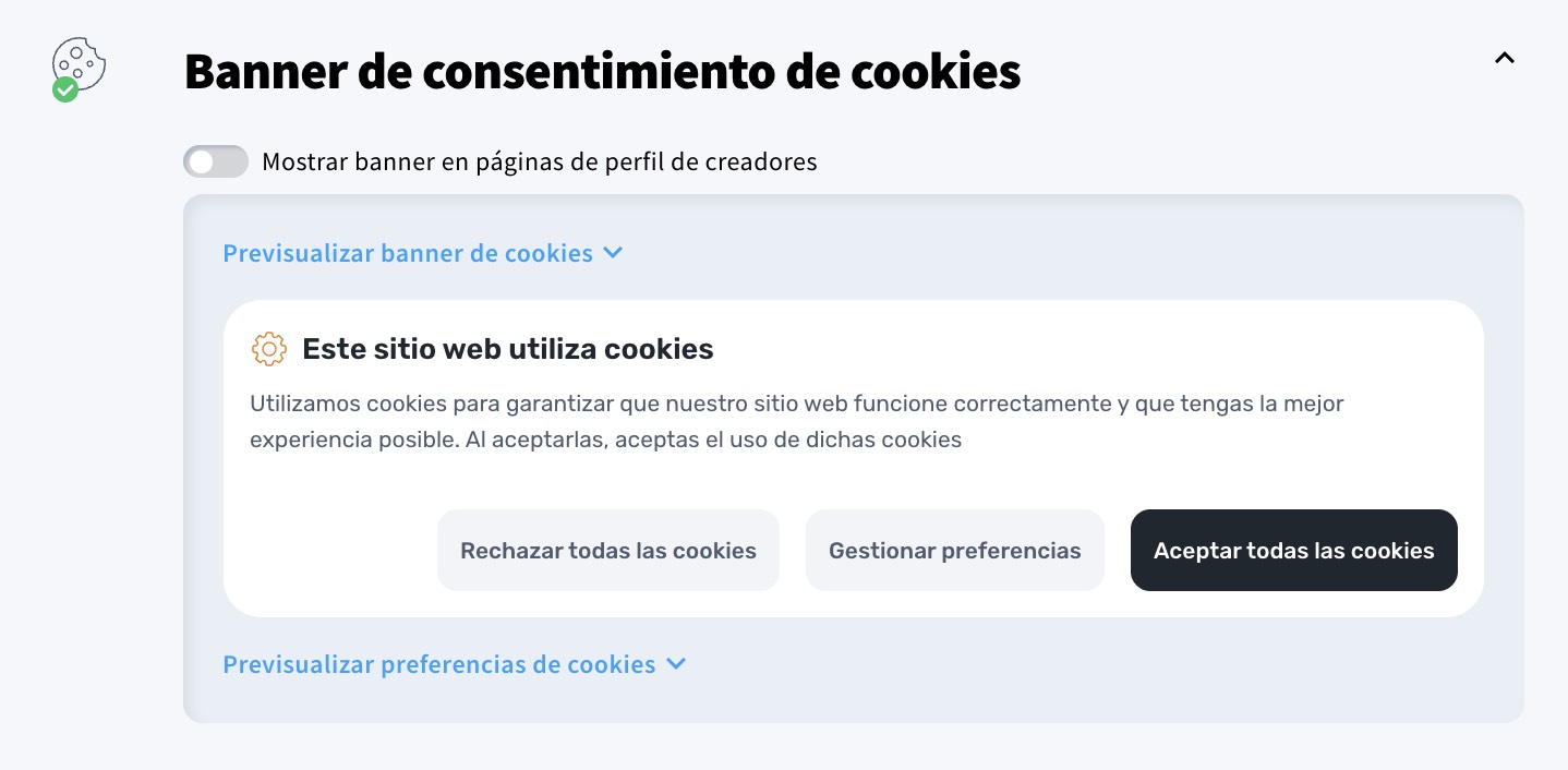Banner de consentimiento de cookies.