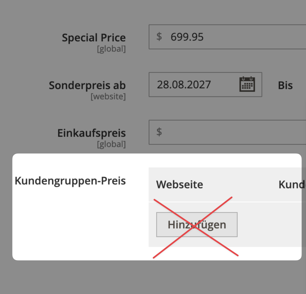 Die Einstellung Kundengruppen-Preis sollte nicht aktiviert sein.