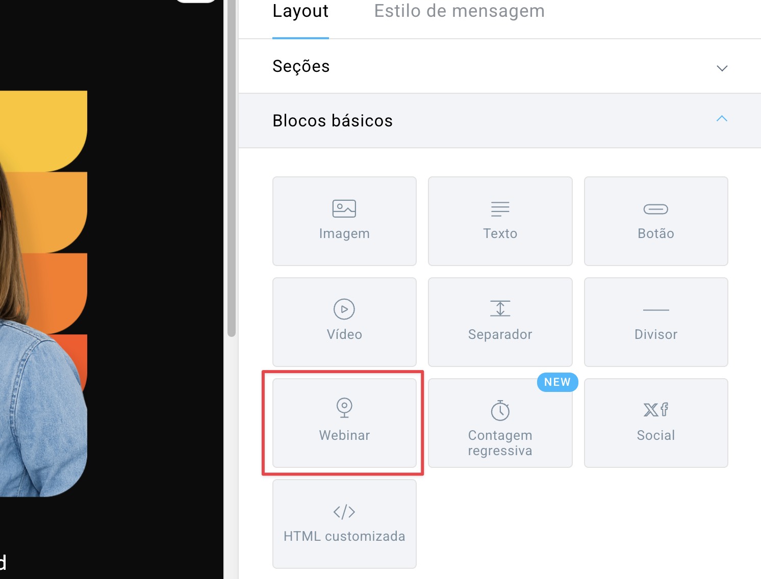 Bloco de webinar no menu do editor