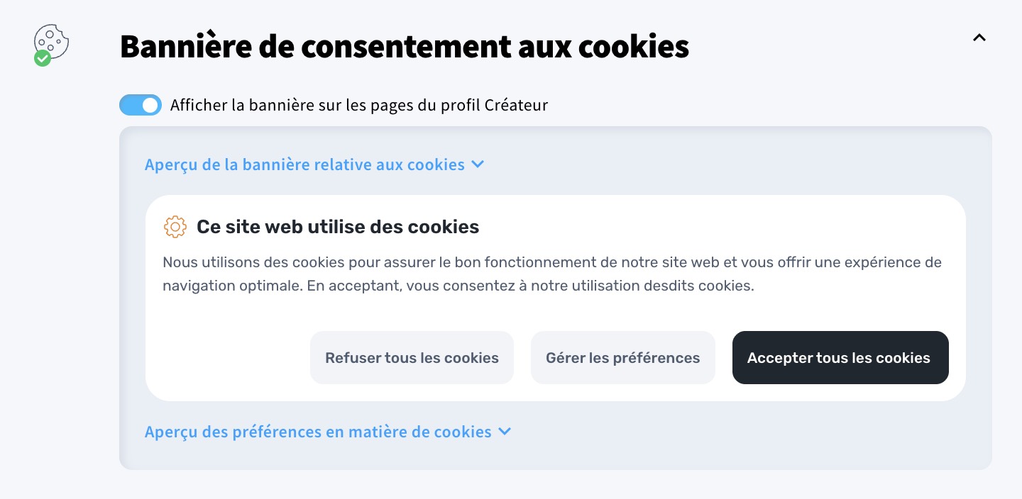 Bannière de consentement aux cookies.