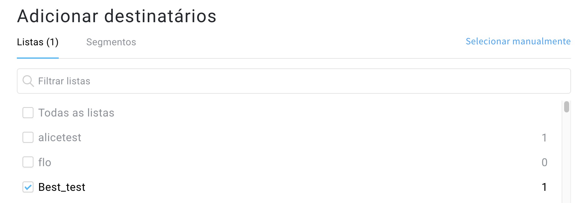 Selecionar listas ou segmentos para os quais enviar a mensagem de texto.