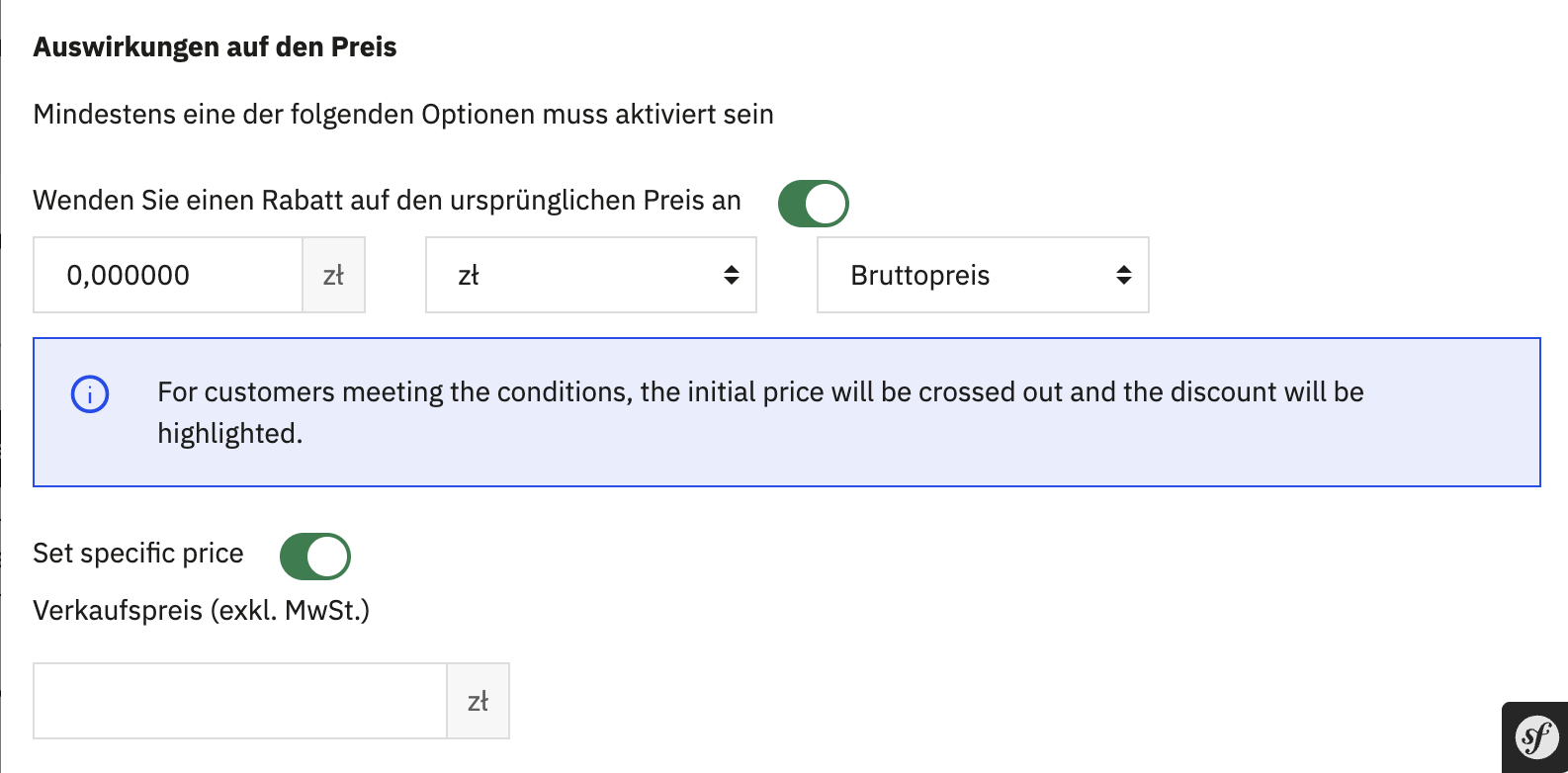 Einstellungen für Auswirkungen auf den Preis