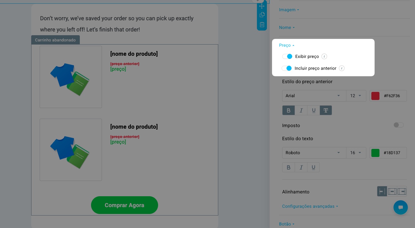 Mostrar preço e Incluir preço anterior como opções de alternância no editor das Campanhas de Ecommerce do GetResponse.