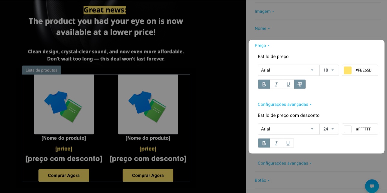 Opções de estilo do preço e estilo do preço com desconto no editor das Campanhas de Queda de Preço do GetResponse.