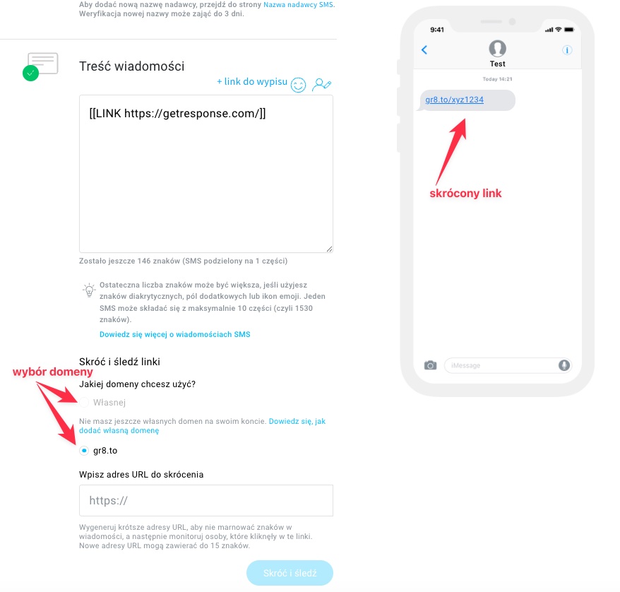 Dodawanie treści wiadomości SMS oraz linków do rezygnacji z subskrypcji i skróconych linków.