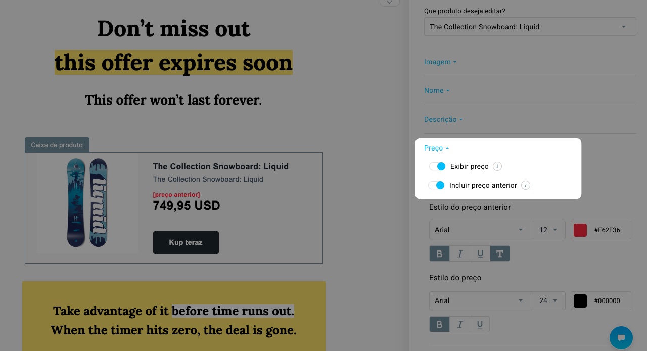 Definição de preços promocionais nas caixas de produtos do GetResponse.