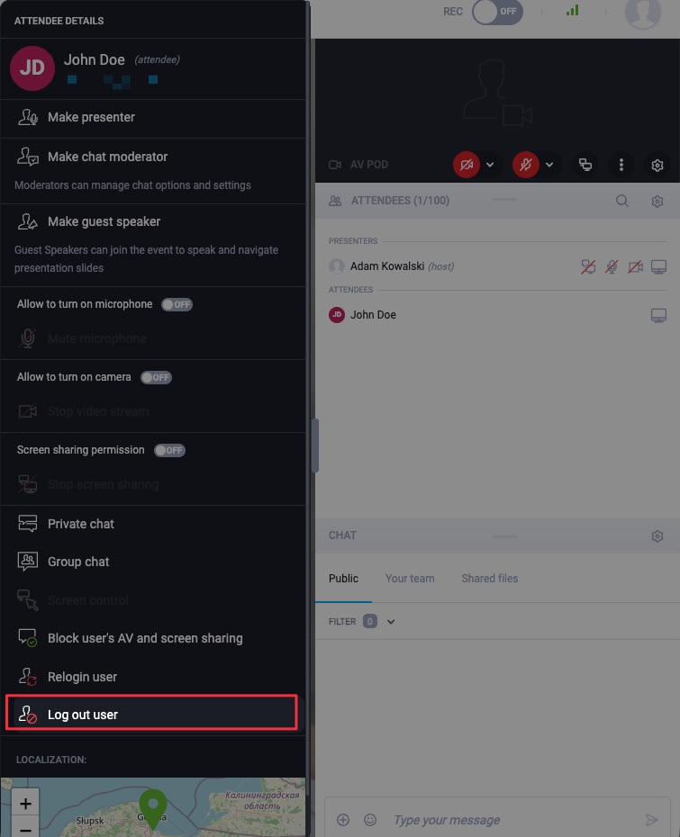 Log out user option to remove the participant