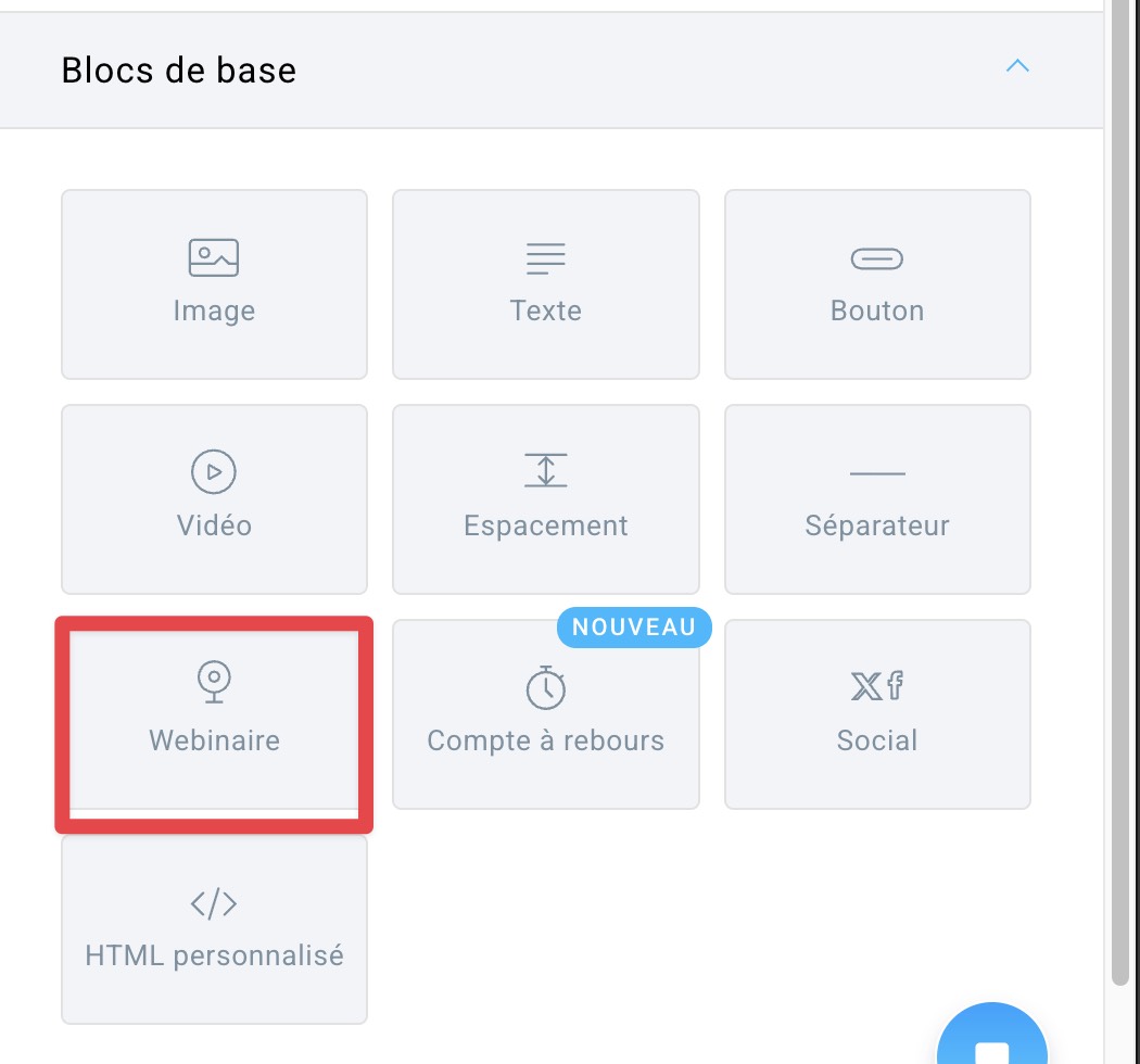 Bloc « Webinaire » dans le menu de l'éditeur.