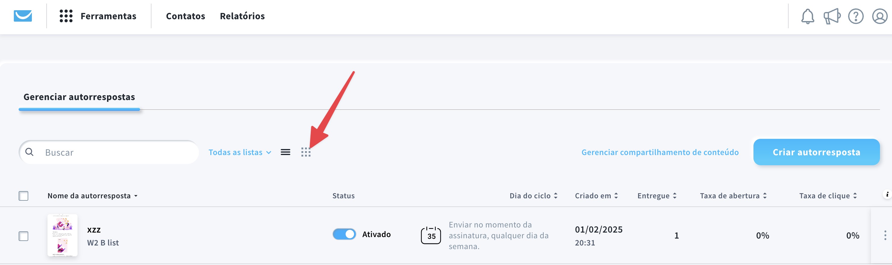 Localização do ícone da vista de calendário.