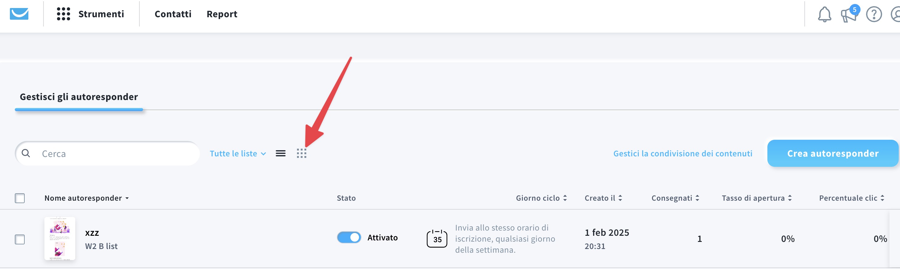 Posizione dell'icona della vista calendario.