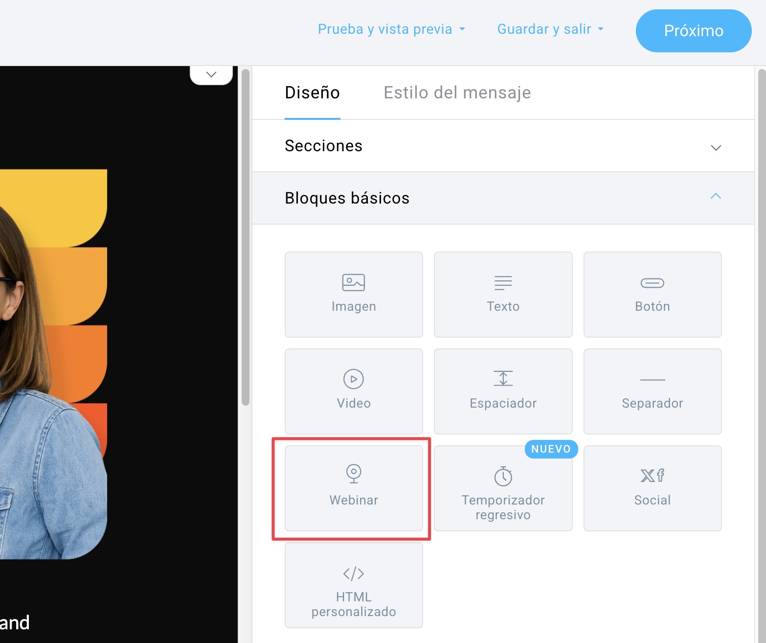 Bloque de Webinar en el menú del editor.