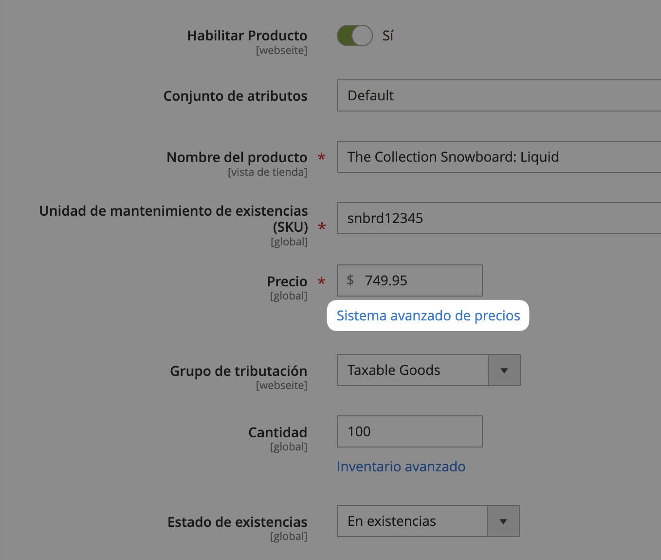 Opción de precios avanzados en Magento.