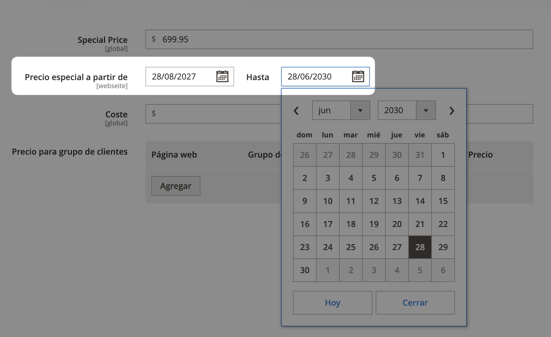 Establecer un rango de fechas en Magento.