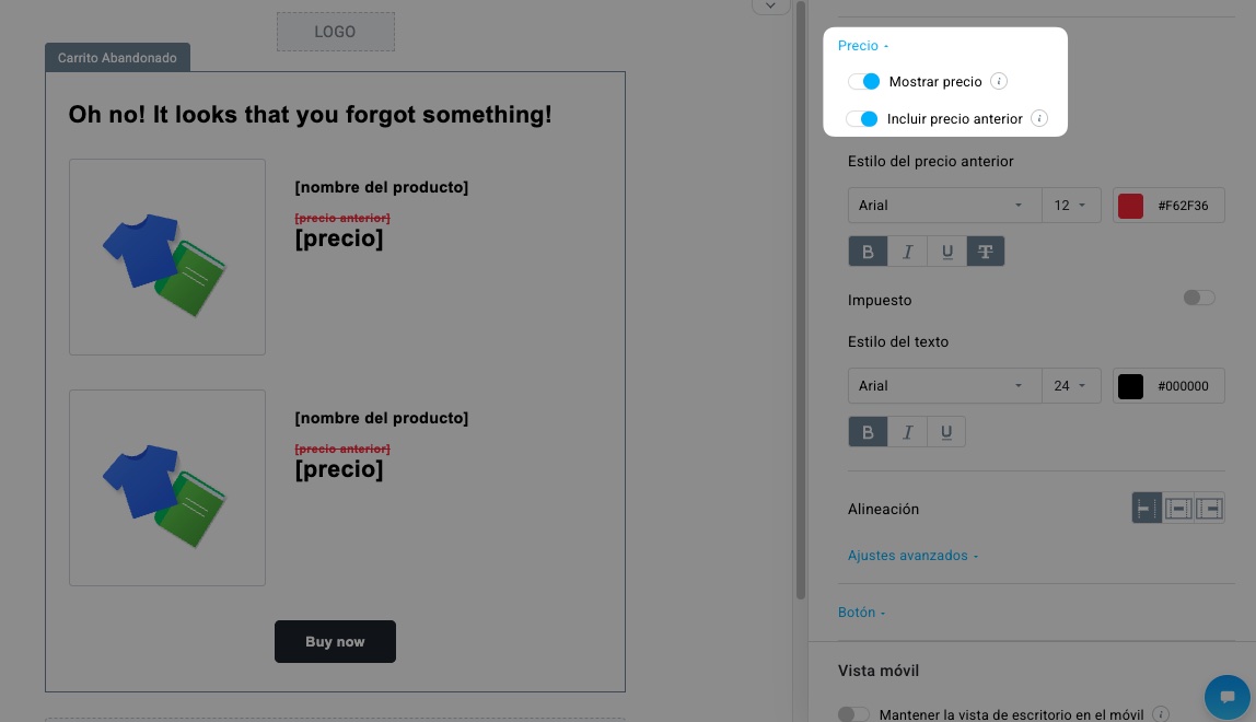 Mostrar precio e incluir opciones de precio anterior en el editor de campañas de comercio electrónico en GetResponse.