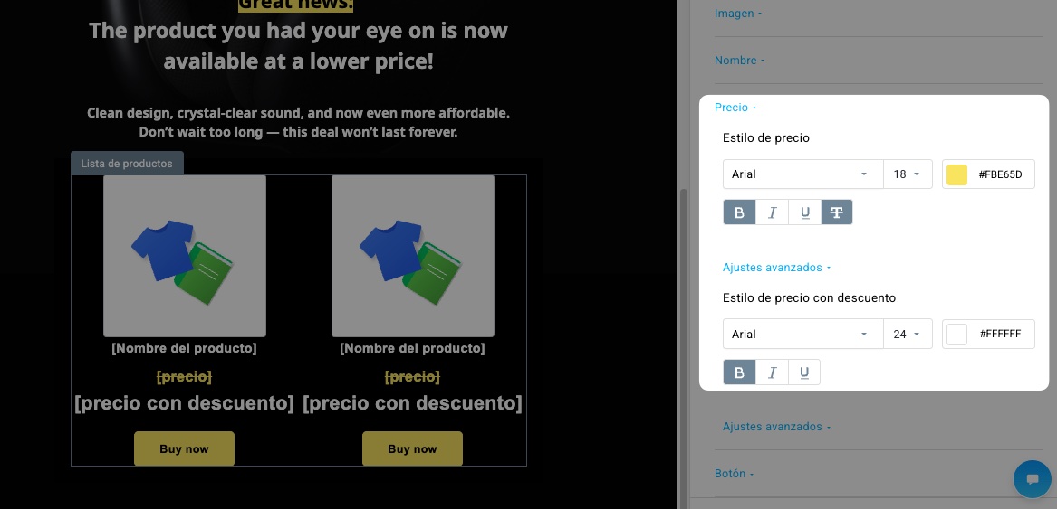 Mostrar precio e incluir opciones de precio anterior en el editor de campañas de comercio electrónico en GetResponse.