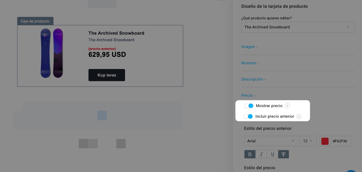 Mostrar precio e incluir opciones de precio anterior en el cuadro de producto en GetResponse.
